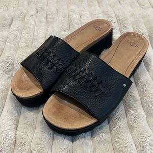 UGG Black Leather Woven Slide Mules